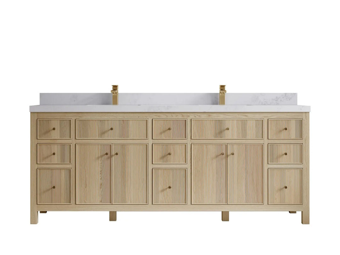 Sonoma Oak 84 in. W x 22 in. D Double Sink Bathroom Vanity in Dark Natural with 2 in. Calacatta Nuvo Quartz Countertop