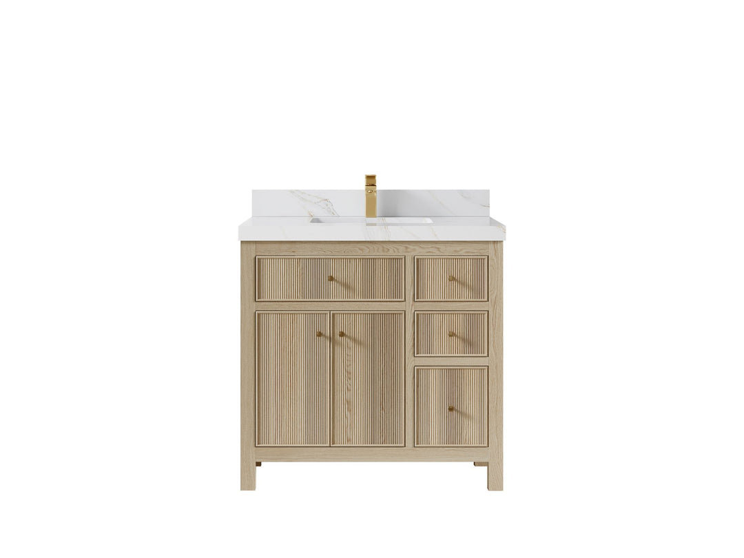 Sonoma Oak 36 in. W x 22 in. D Center Sink Bathroom Vanity in Dark Natural with 2 in. Calacatta Sienna Quartz Countertop