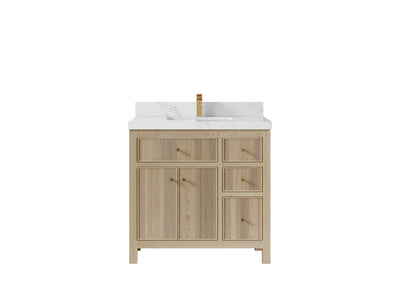 Sonoma Oak 36 in. W x 22 in. D Center Sink Bathroom Vanity in Dark Natural with 2 in. Calacatta Sienna Quartz Countertop