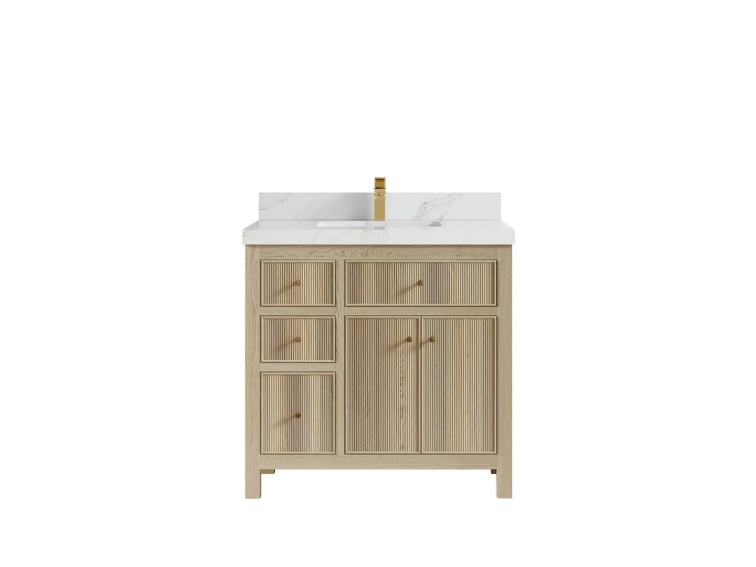 Sonoma Oak 36 in. W x 22 in. D Center Sink Bathroom Vanity in Dark Natural with 2 in. Calacatta Sienna Quartz Countertop