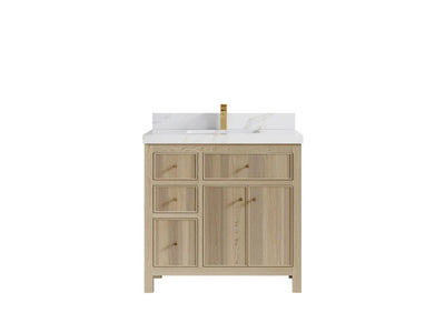 Sonoma Oak 36 in. W x 22 in. D Center Sink Bathroom Vanity in Dark Natural with 2 in. Calacatta Sienna Quartz Countertop