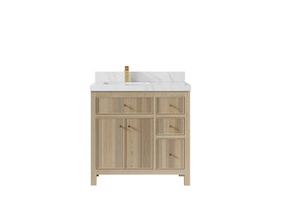 Sonoma Oak 36 in. W x 22 in. D Left Offset Sink Bathroom Vanity in Dark Natural with 2 in. Calacatta Sienna Quartz Countertop