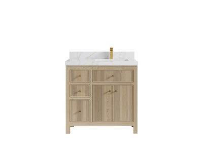 Sonoma Oak 36 in. W x 22 in. D Right Offset Sink Bathroom Vanity in Dark Natural with 2 in. Calacatta Sienna Quartz Countertop