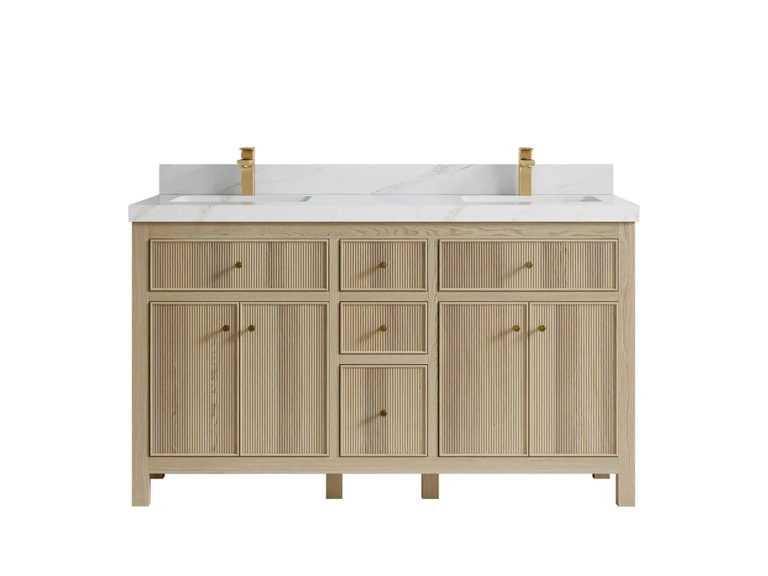 Sonoma Oak 60 in. W x 22 in. D Double Sink Bathroom Vanity in Dark Natural with 2 in. Calacatta Sienna Quartz Countertop