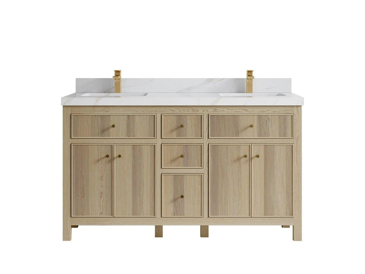 Sonoma Oak 60 in. W x 22 in. D Double Sink Bathroom Vanity in Dark Natural with 2 in. Calacatta Sienna Quartz Countertop