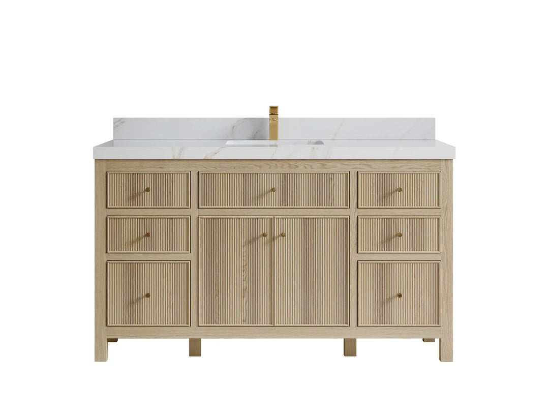 Sonoma Oak 60 in. W x 22 in. D Single Sink Bathroom Vanity in Dark Natural with 2 in. Calacatta Sienna Quartz Countertop