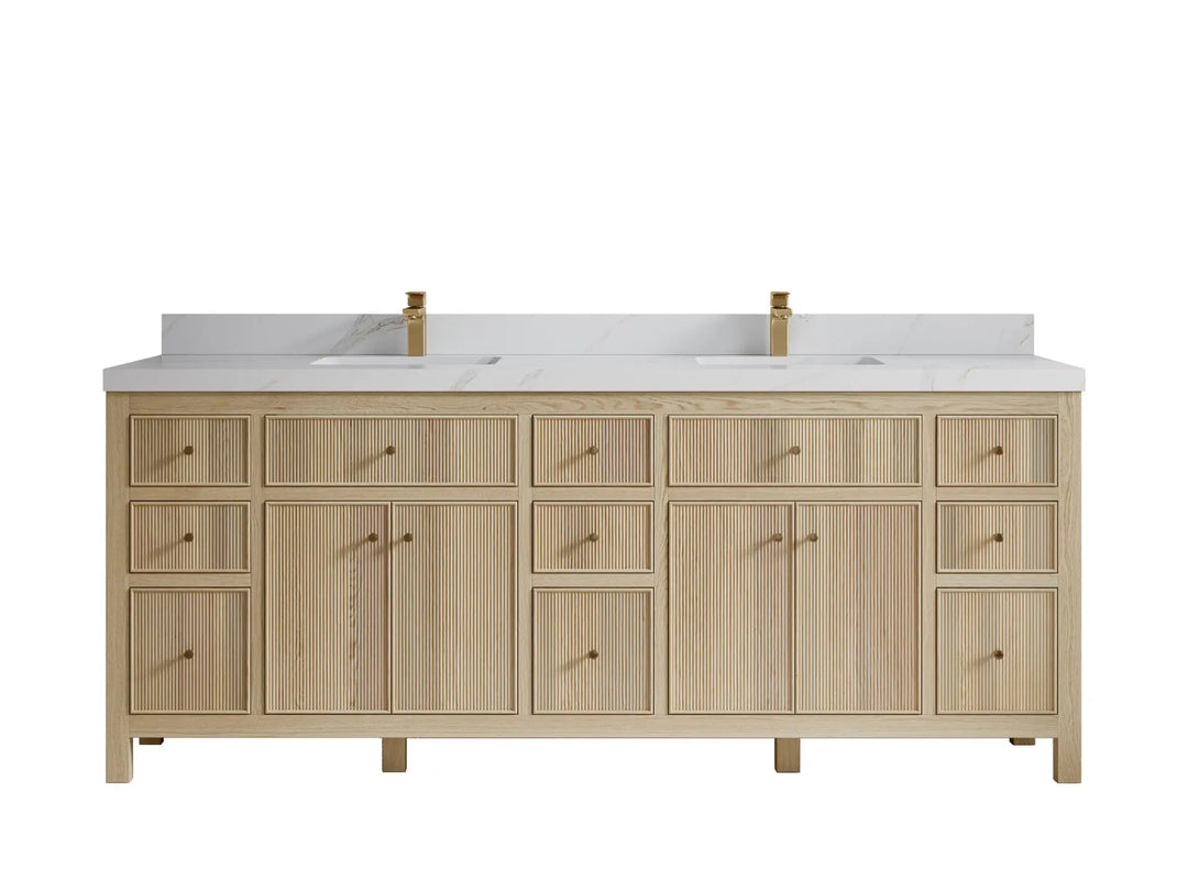Sonoma Oak 84 in. W x 22 in. D Double Sink Bathroom Vanity in Dark Natural with 2 in. Calacatta Sienna Quartz Countertop
