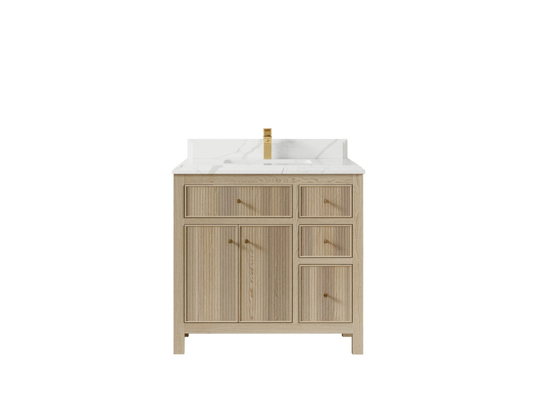 Sonoma Oak 36 in. W x 22 in. D Center Sink Bathroom Vanity in Dark Natural with Double Cove Edge 1.5 in Calacatta Laza Quartz Countertop