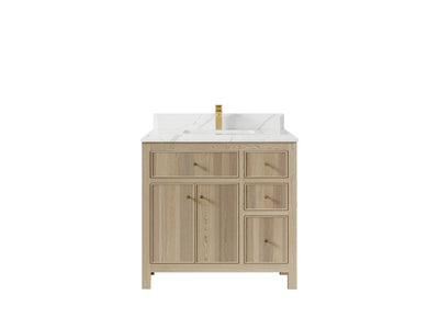 Sonoma Oak 36 in. W x 22 in. D Center Sink Bathroom Vanity in Dark Natural with Double Cove Edge 1.5 in Calacatta Laza Quartz Countertop