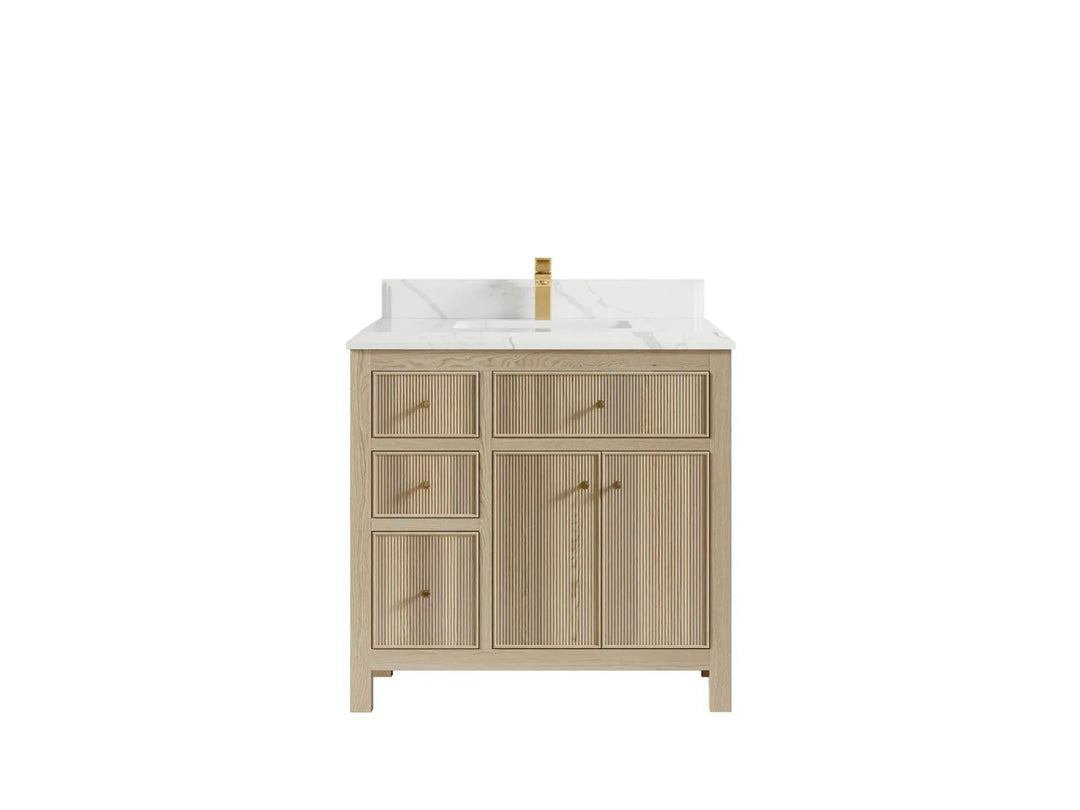 Sonoma Oak 36 in. W x 22 in. D Center Sink Bathroom Vanity in Dark Natural with Double Cove Edge 1.5 in Calacatta Laza Quartz Countertop