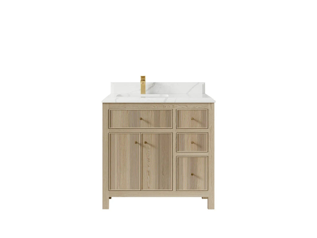 Sonoma Oak 36 in. W x 22 in. D Left Offset Sink Bathroom Vanity in Dark Natural with Double Cove Edge 1.5 in Calacatta Laza Quartz Countertop