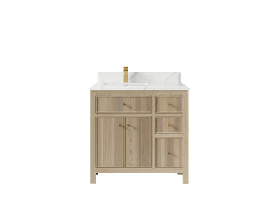 Sonoma Oak 36 in. W x 22 in. D Left Offset Sink Bathroom Vanity in Dark Natural with Double Cove Edge 1.5 in Calacatta Laza Quartz Countertop