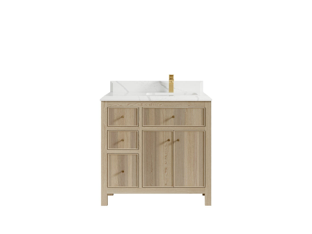 Sonoma Oak 36 in. W x 22 in. D Right Offset Sink Bathroom Vanity in Dark Natural with Double Cove Edge 1.5 in Calacatta Laza Quartz Countertop
