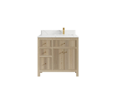 Sonoma Oak 36 in. W x 22 in. D Right Offset Sink Bathroom Vanity in Dark Natural with Double Cove Edge 1.5 in Calacatta Laza Quartz Countertop