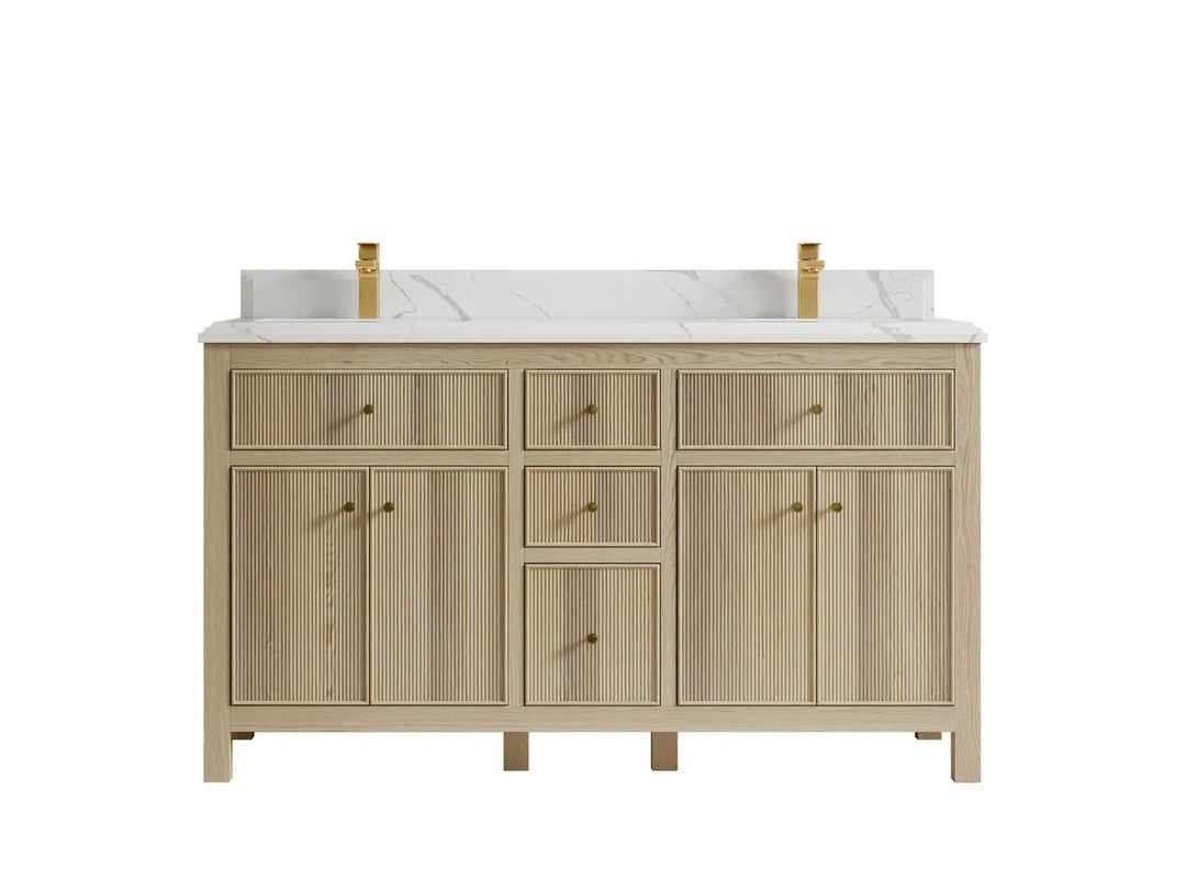 Sonoma Oak 60 in. W x 22 in. D Double Sink Bathroom Vanity in Dark Natural with Double Cove Edge 1.5 in Calacatta Laza Quartz Countertop