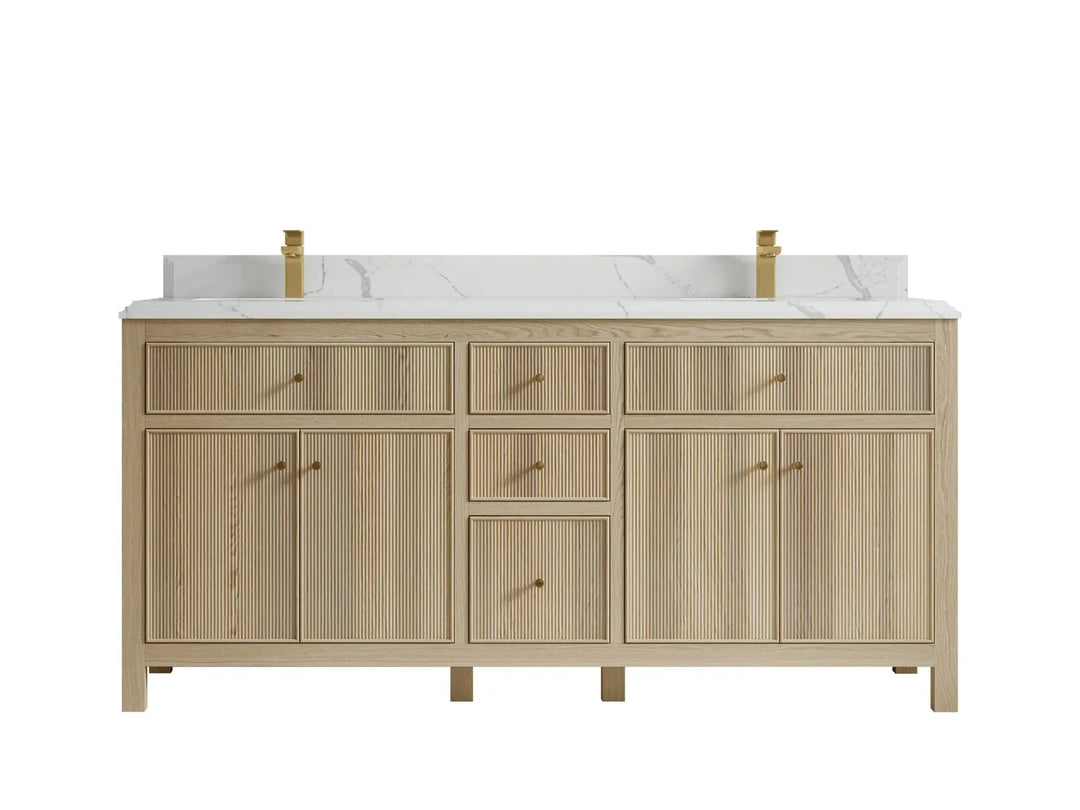 Sonoma Oak 72 in. W x 22 in. D Double Sink Bathroom Vanity in Dark Natural with Double Cove Edge 1.5 in Calacatta Laza Quartz Countertop