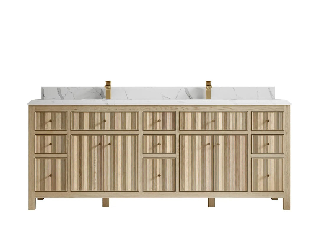 Sonoma Oak 84 in. W x 22 in. D Double Sink Bathroom Vanity in Dark Natural with Double Cove Edge 1.5 in Calacatta Laza Quartz Countertop