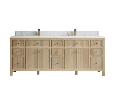 Sonoma Oak 84 in. W x 22 in. D Double Sink Bathroom Vanity in Dark Natural with Double Cove Edge 1.5 in Calacatta Laza Quartz Countertop