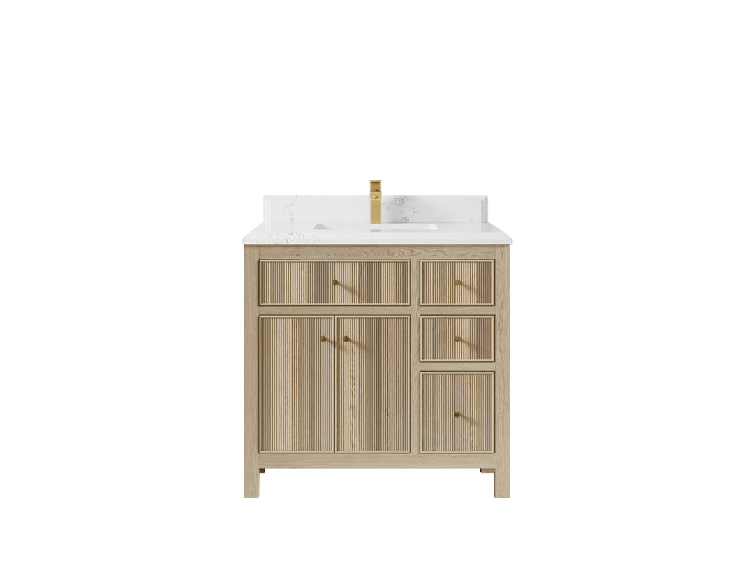 Sonoma Oak 36 in. W x 22 in. D Center Sink Bathroom Vanity in Dark Natural with Double Cove Edge 1.5 in Empira White Quartz Countertop