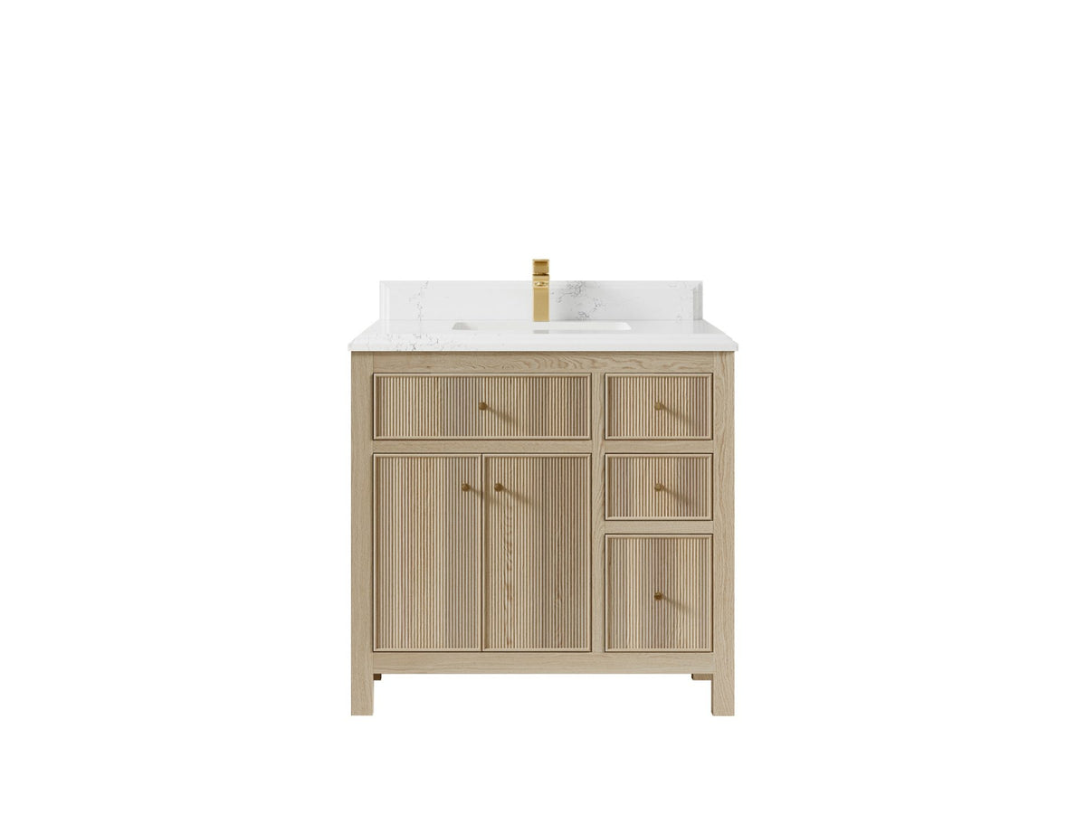 Sonoma Oak 36 in. W x 22 in. D Center Sink Bathroom Vanity in Dark Natural with Double Cove Edge 1.5 in Empira White Quartz Countertop