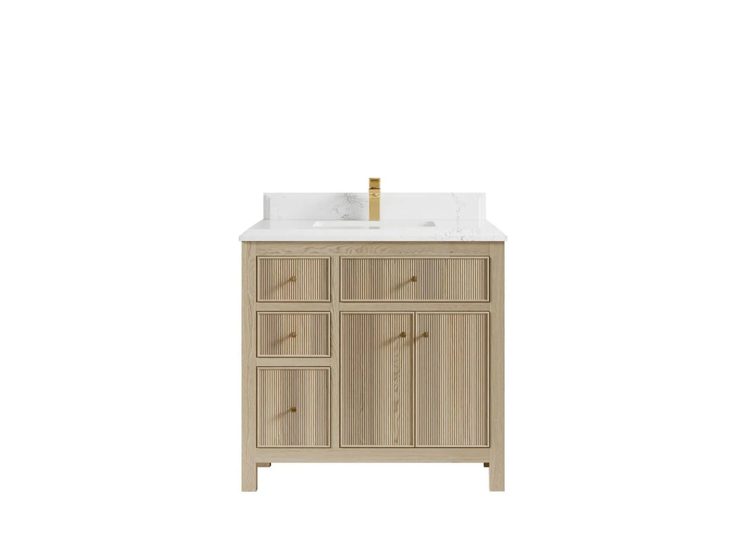 Sonoma Oak 36 in. W x 22 in. D Center Sink Bathroom Vanity in Dark Natural with Double Cove Edge 1.5 in Empira White Quartz Countertop