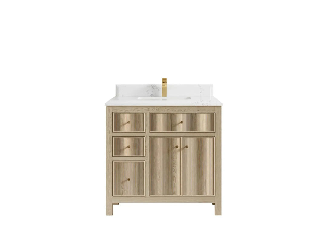 Sonoma Oak 36 in. W x 22 in. D Center Sink Bathroom Vanity in Dark Natural with Double Cove Edge 1.5 in Empira White Quartz Countertop