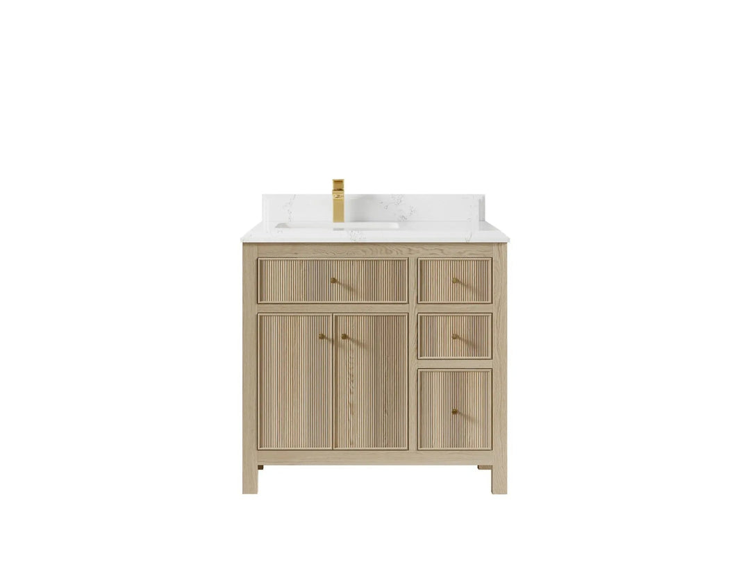 Sonoma Oak 36 in. W x 22 in. D Left Offset Sink Bathroom Vanity in Dark Natural with Double Cove Edge 1.5 in Empira White Quartz Countertop
