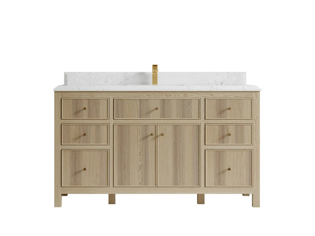 Sonoma Oak 60 in. W x 22 in. D Single Sink Bathroom Vanity in Dark Natural with Double Cove Edge 1.5 in Empira White Quartz Countertop
