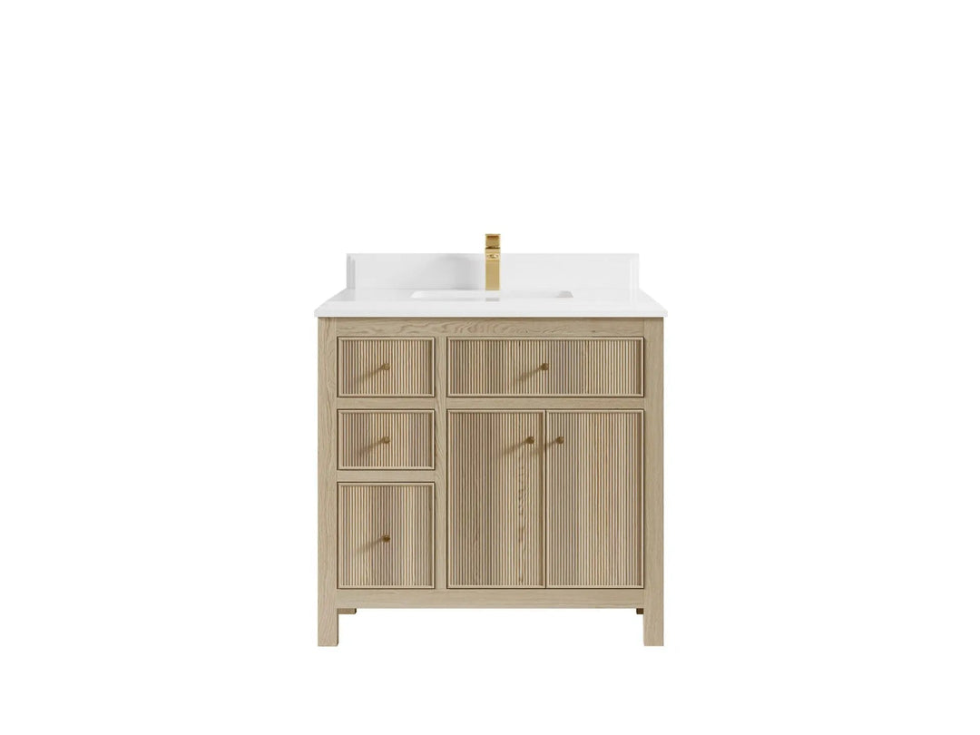 Sonoma Oak 36 in. W x 22 in. D Center Sink Bathroom Vanity in Dark Natural with Double Cove Edge 1.5 in White Quartz Countertop