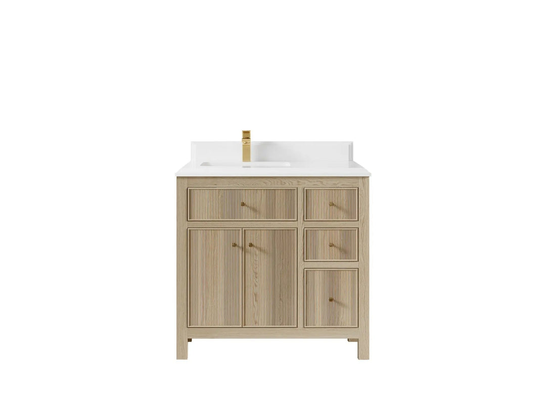 Sonoma Oak 36 in. W x 22 in. D Left Offset Sink Bathroom Vanity in Dark Natural with Double Cove Edge 1.5 in White Quartz Countertop