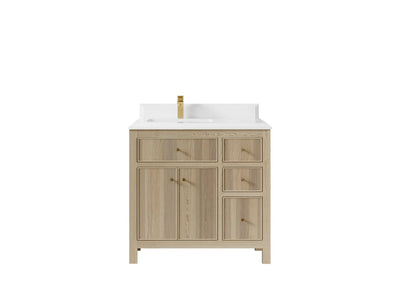 Sonoma Oak 36 in. W x 22 in. D Left Offset Sink Bathroom Vanity in Dark Natural with Double Cove Edge 1.5 in White Quartz Countertop