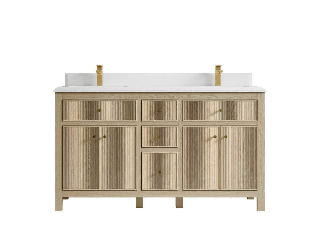 Sonoma Oak 60 in. W x 22 in. D Double Sink Bathroom Vanity in Dark Natural with Double Cove Edge 1.5 in White Quartz Countertop