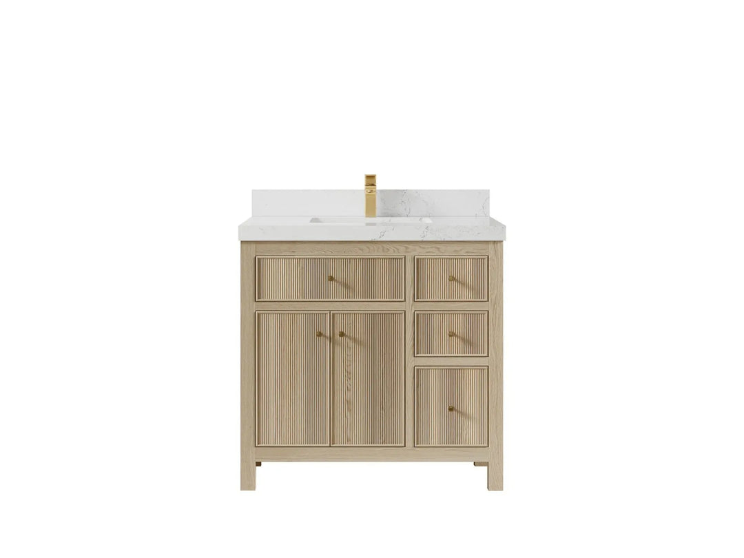 Sonoma Oak 36 in. W x 22 in. D Center Sink Bathroom Vanity in Dark Natural with 2 in. Empira White Quartz Countertop