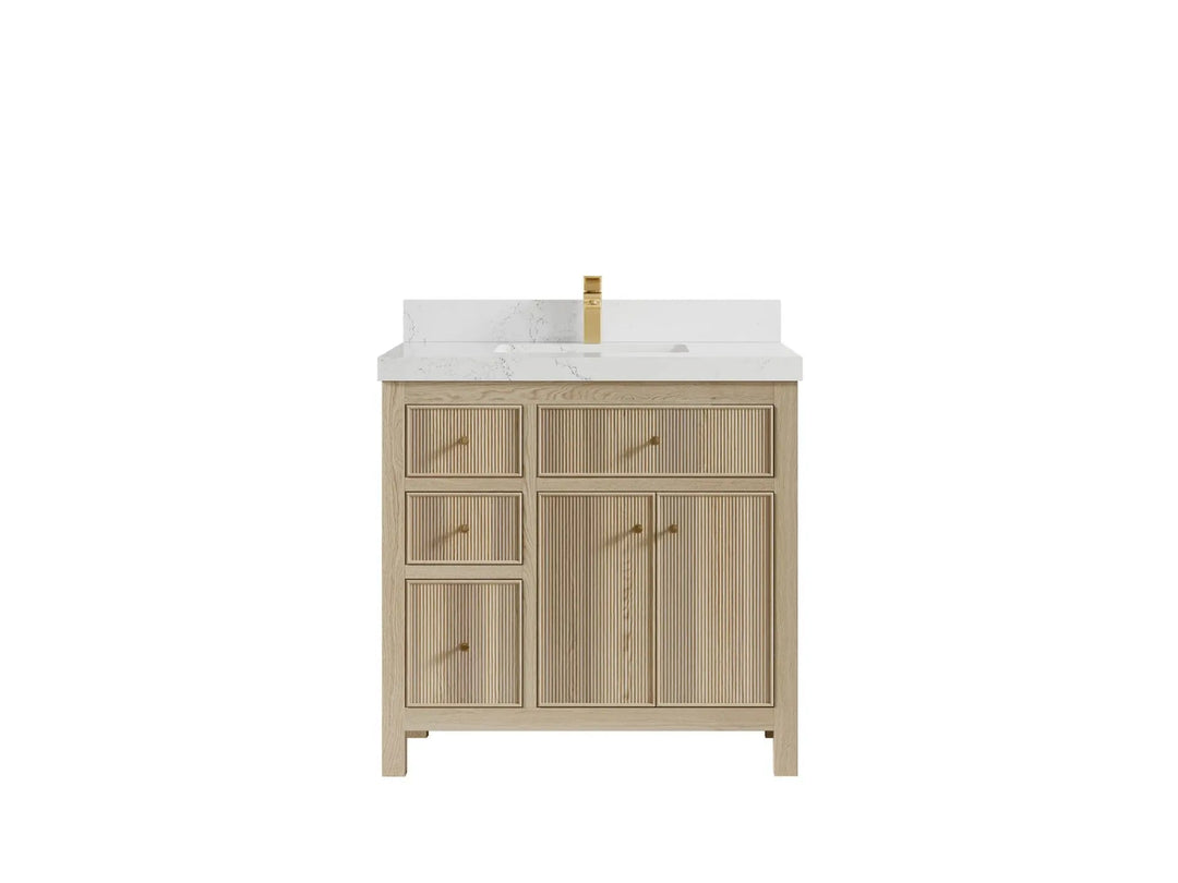 Sonoma Oak 36 in. W x 22 in. D Center Sink Bathroom Vanity in Dark Natural with 2 in. Empira White Quartz Countertop