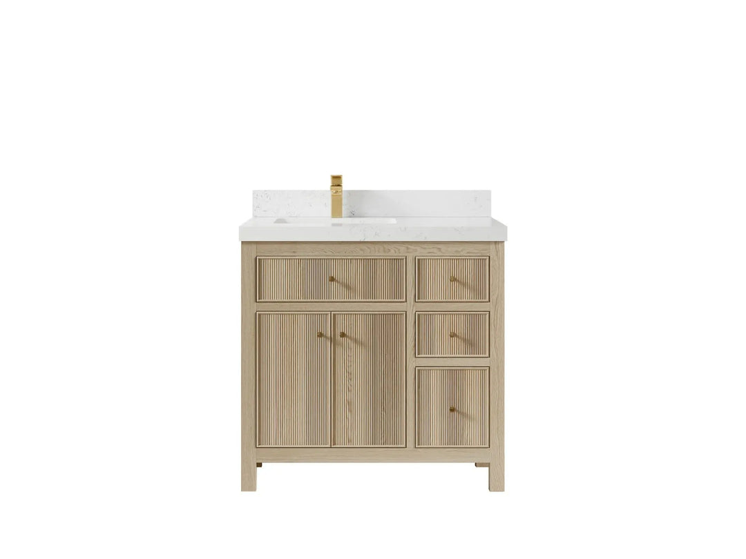 Sonoma Oak 36 in. W x 22 in. D Left Offset Sink Bathroom Vanity in Dark Natural with 2 in. Empira White Quartz Countertop