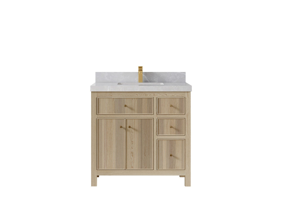 Sonoma Oak 36 in. W x 22 in. D Center Sink Bathroom Vanity in Dark Natural with 2 in. Pearl Light Gray Quartz Countertop