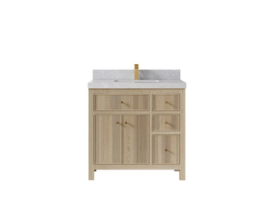 Sonoma Oak 36 in. W x 22 in. D Center Sink Bathroom Vanity in Dark Natural with 2 in. Pearl Light Gray Quartz Countertop