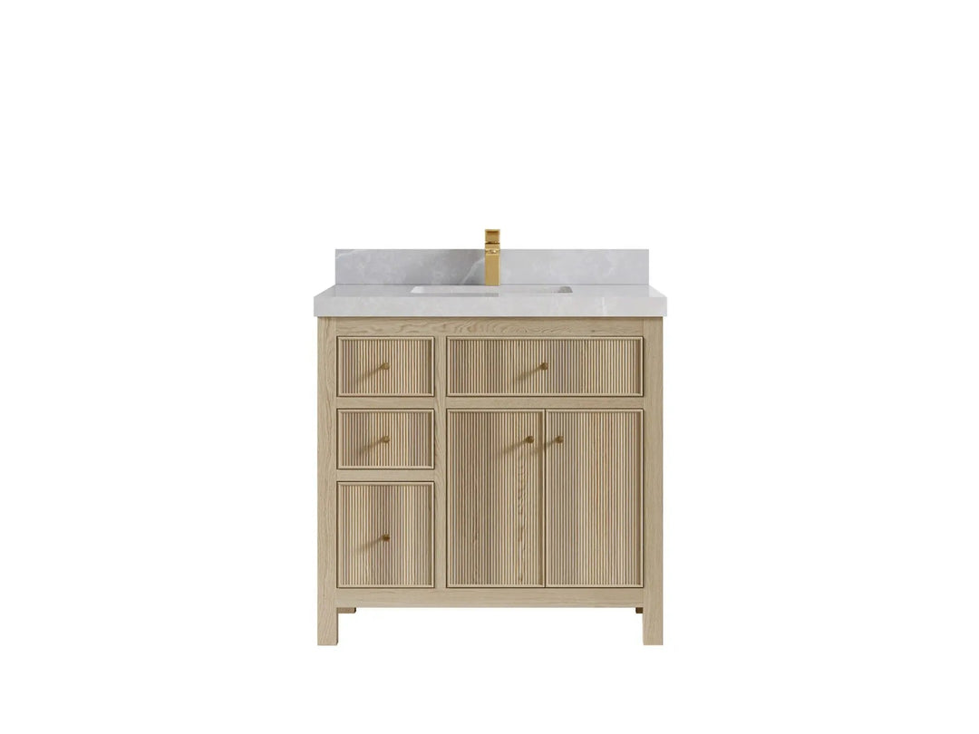 Sonoma Oak 36 in. W x 22 in. D Center Sink Bathroom Vanity in Dark Natural with 2 in. Pearl Light Gray Quartz Countertop