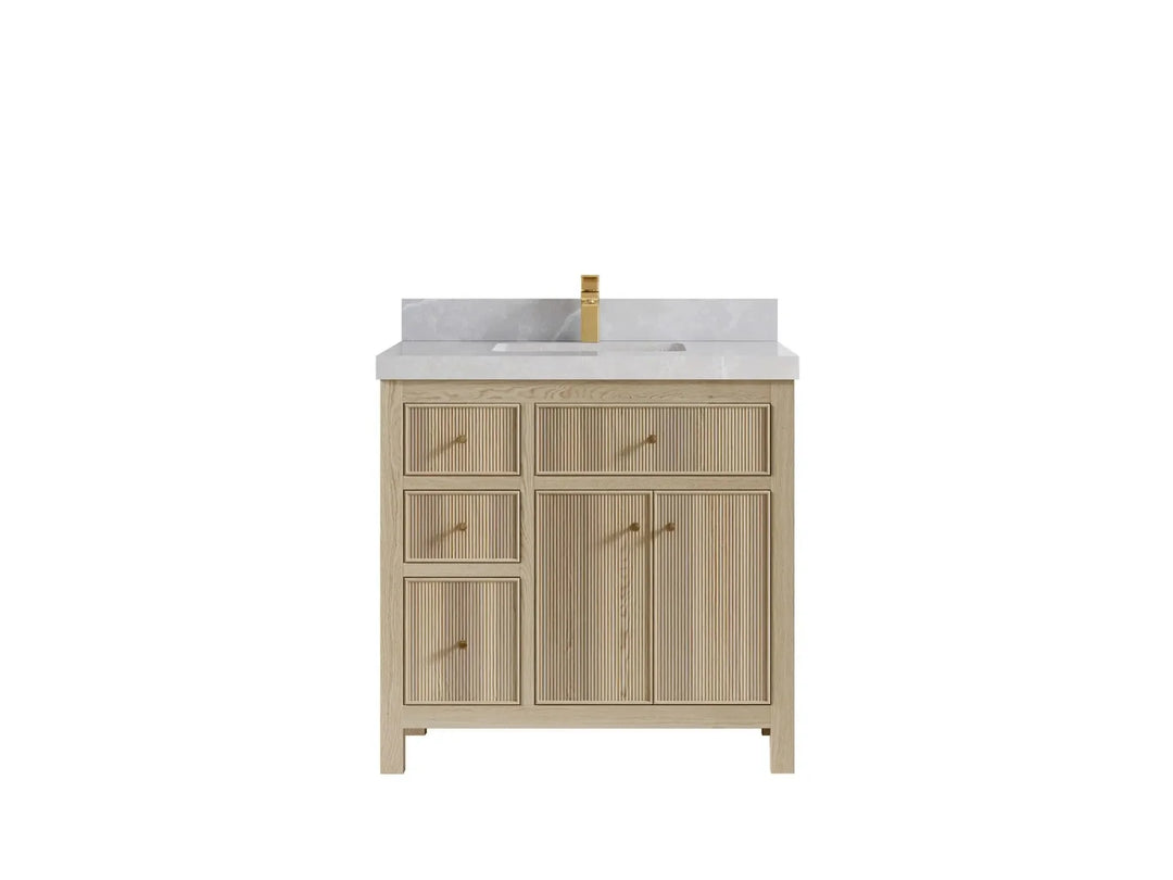Sonoma Oak 36 in. W x 22 in. D Center Sink Bathroom Vanity in Dark Natural with 2 in. Pearl Light Gray Quartz Countertop