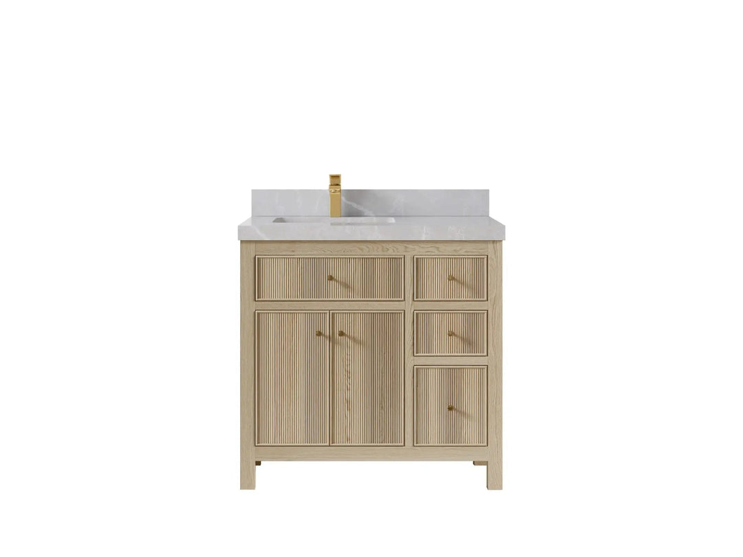 Sonoma Oak 36 in. W x 22 in. D Left Offset Sink Bathroom Vanity in Dark Natural with 2 in. Pearl Light Gray Quartz Countertop