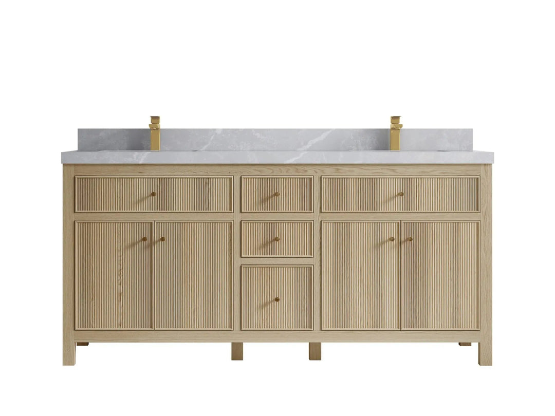 Sonoma Oak 72 in. W x 22 in. D Double Sink Bathroom Vanity in Dark Natural with 2 in. Pearl Light Gray Quartz Countertop