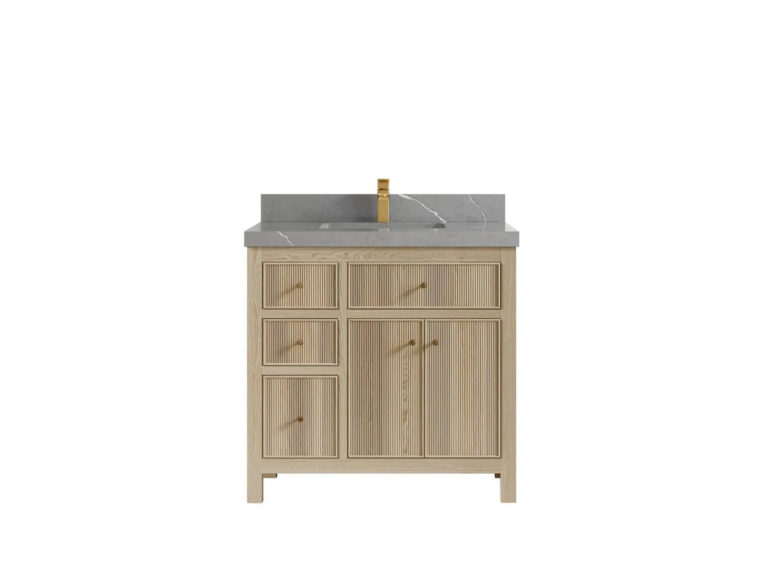 Sonoma Oak 36 in. W x 22 in. D Center Sink Bathroom Vanity in Dark Natural with 2 in. Piatra Gray Quartz Countertop
