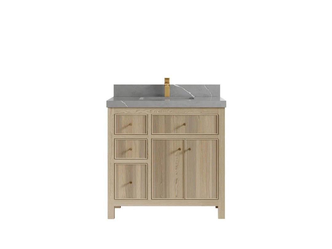 Sonoma Oak 36 in. W x 22 in. D Center Sink Bathroom Vanity in Dark Natural with 2 in. Piatra Gray Quartz Countertop