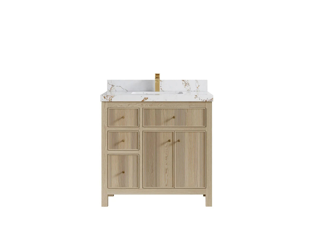 Sonoma Oak 36 in. W x 22 in. D Center Sink Bathroom Vanity in Dark Natural with 2 in. Viola Brown Quartz Countertop