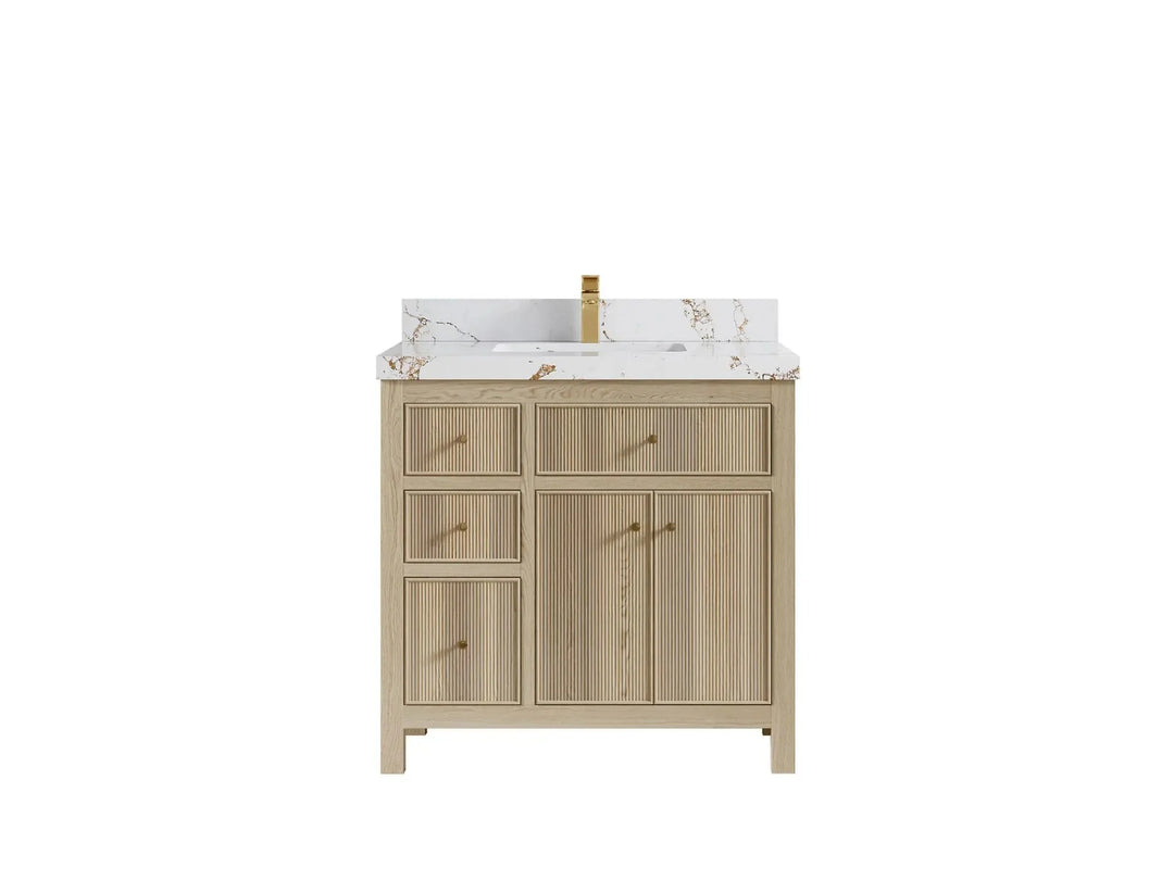 Sonoma Oak 36 in. W x 22 in. D Center Sink Bathroom Vanity in Dark Natural with 2 in. Viola Brown Quartz Countertop