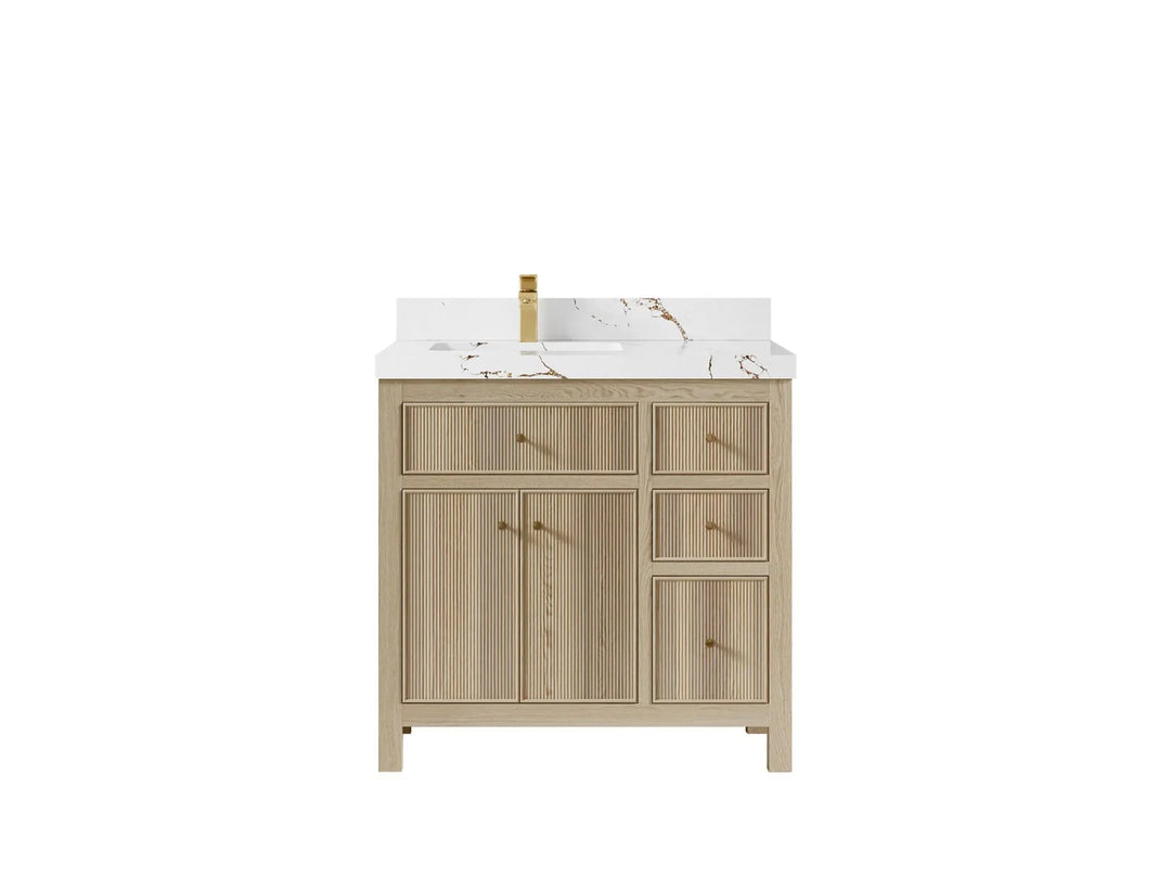 Sonoma Oak 36 in. W x 22 in. D Left Offset Sink Bathroom Vanity in Dark Natural with 2 in. Viola Brown Quartz Countertop