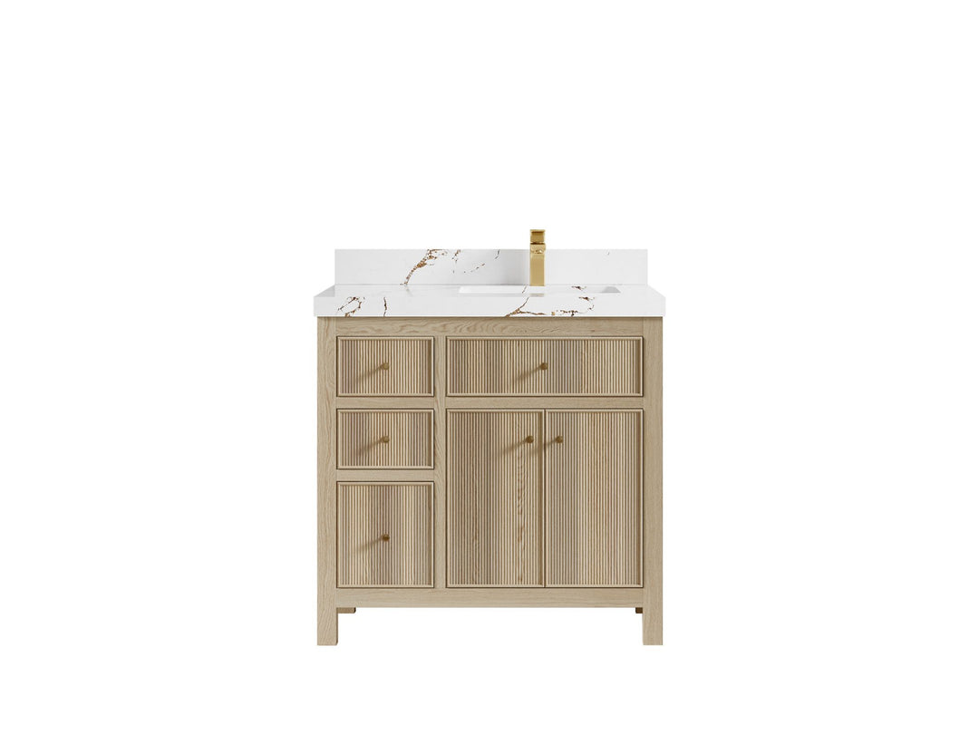 Sonoma Oak 36 in. W x 22 in. D Right Offset Sink Bathroom Vanity in Dark Natural with 2 in. Viola Brown Quartz Countertop