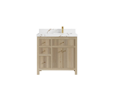 Sonoma Oak 36 in. W x 22 in. D Right Offset Sink Bathroom Vanity in Dark Natural with 2 in. Viola Brown Quartz Countertop