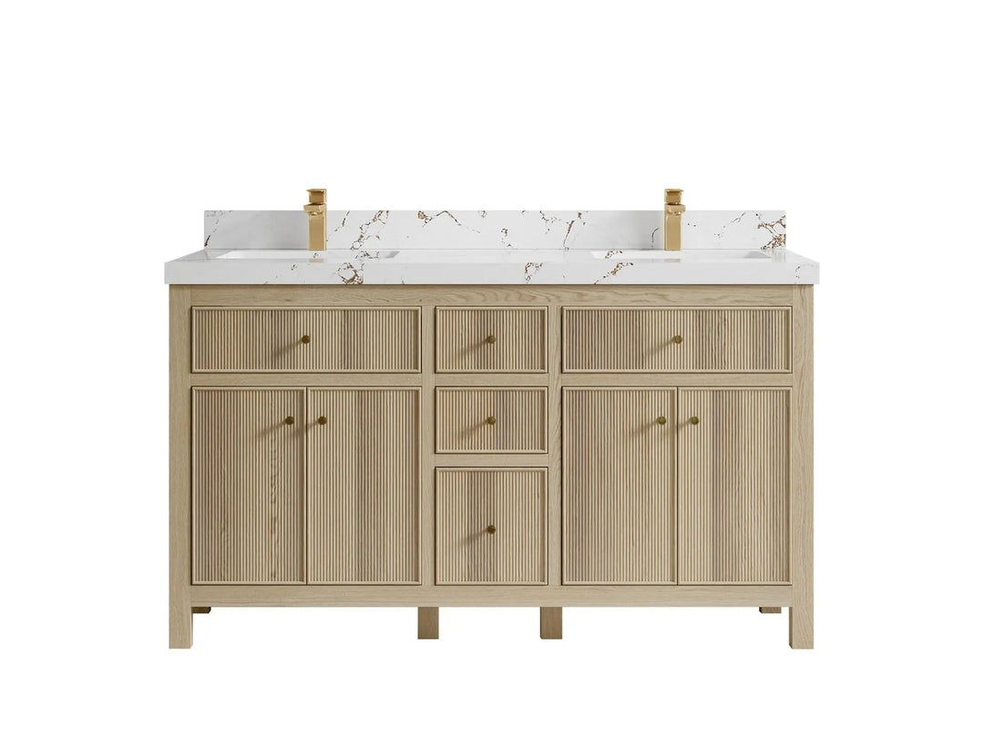 Sonoma Oak 60 in. W x 22 in. D Double Sink Bathroom Vanity in Dark Natural with 2 in. Viola Brown Quartz Countertop