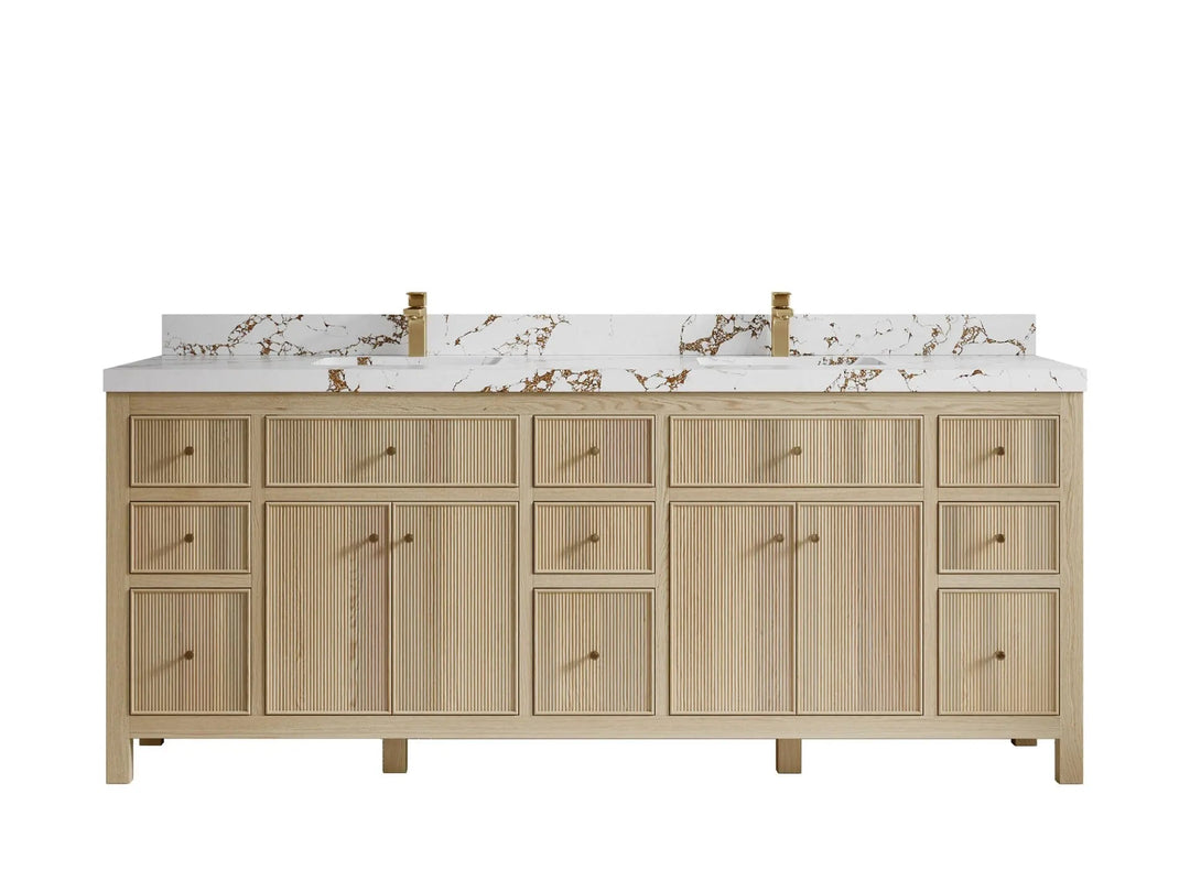 Sonoma Oak 84 in. W x 22 in. D Double Sink Bathroom Vanity in Dark Natural with 2 in. Viola Brown Quartz Countertop